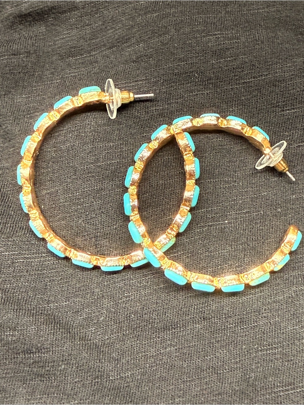 Gold Hoop Earrings with Bright Turquoise Stones - Picture 2 of 2